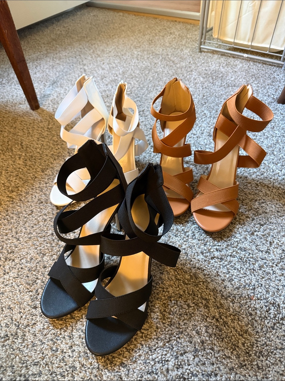Women’s Strappy Ankle-Wrap Heeled Sandals in Black, White & Tan